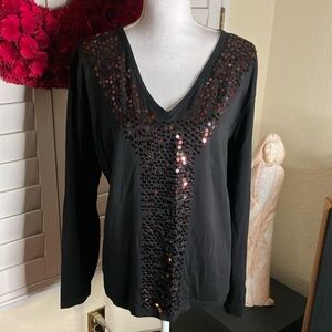 🖤💖EI=QQ Black V Neck Sequined 95% Cotton 5% & Spandex Top W/Long Sleeves Size 3X